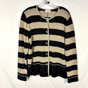 Vintage Wool Blend Tan & Black Striped Cardigan Sweater Glass Buttons USA Made
